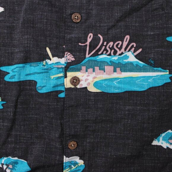 Vissla Waikikooks Shirt Mens XL Black/Blue Beach Print Cotton/Viscose S/S Button - Picture 8 of 14